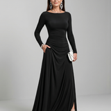 Penine | Long Sleeve Boat Neck Flowing Maxi Dress