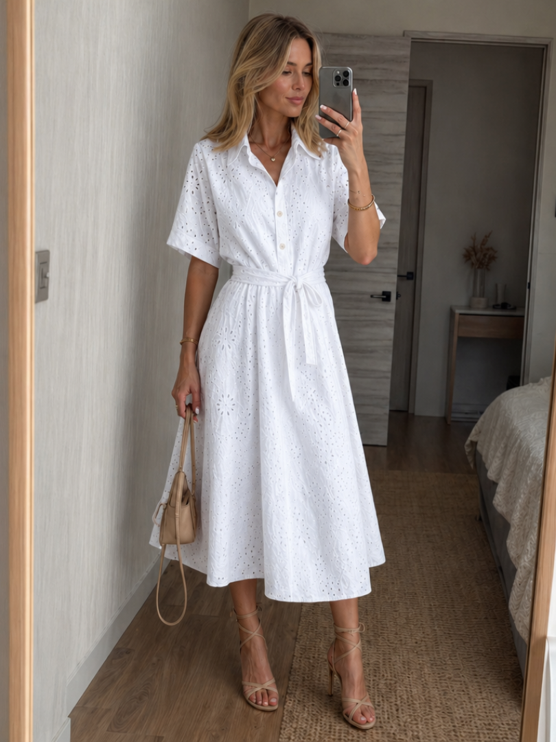 Thaldra | Short Sleeve Button Front Waist Tie Midi Dress