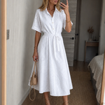 Thaldra | Short Sleeve Button Front Waist Tie Midi Dress