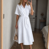 Thaldra | Short Sleeve Button Front Waist Tie Midi Dress