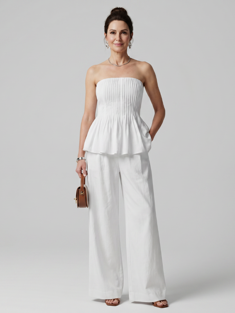 Romyina | Strapless Smocked Top And Wide Leg Pants Set