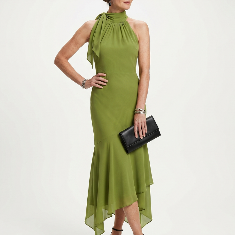 Valla | Draped Halter Keyhole Midi Dress
