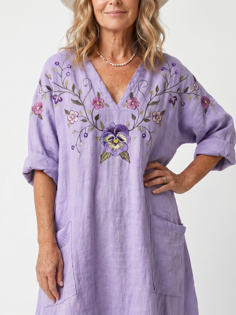 Maebeth | Floral Embroidered Oversized Pocket Midi Dress