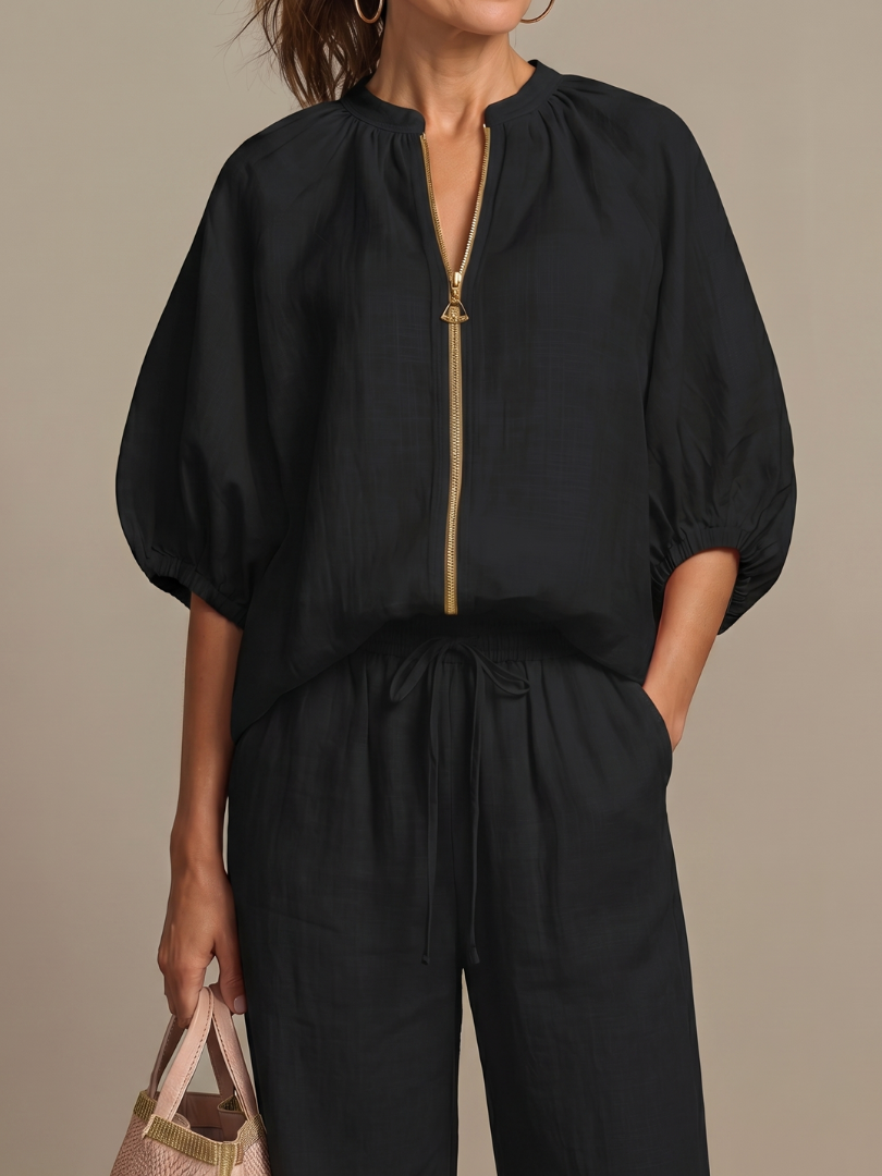 Halrin | Zip Front Blouson Top Wide Leg Set