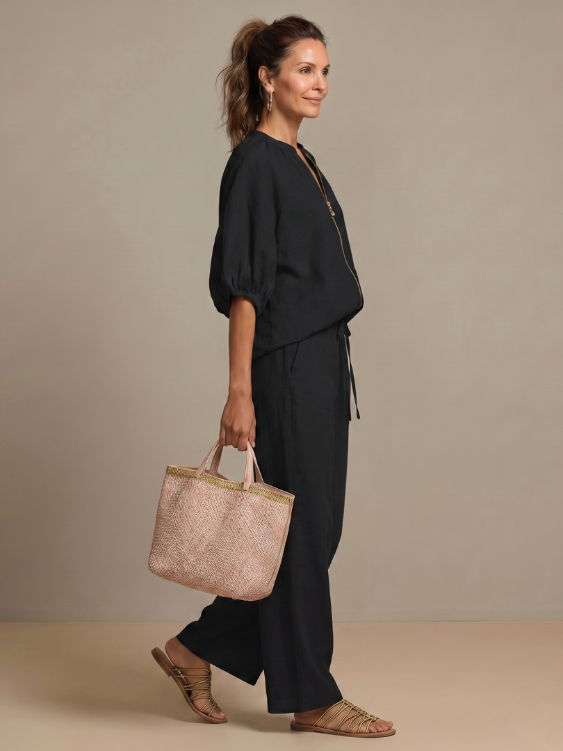 Halrin | Zip Front Blouson Top Wide Leg Set