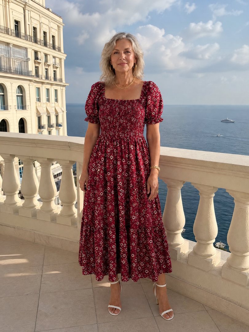 Serrina | Floral Smocked Square Neck Midi Dress