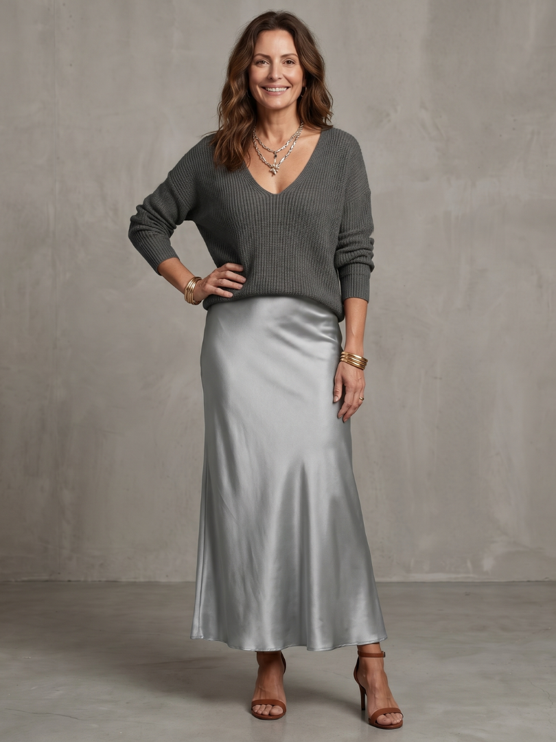 Lunwyn | Bias Fall Satin Skirt Knit Layer Set
