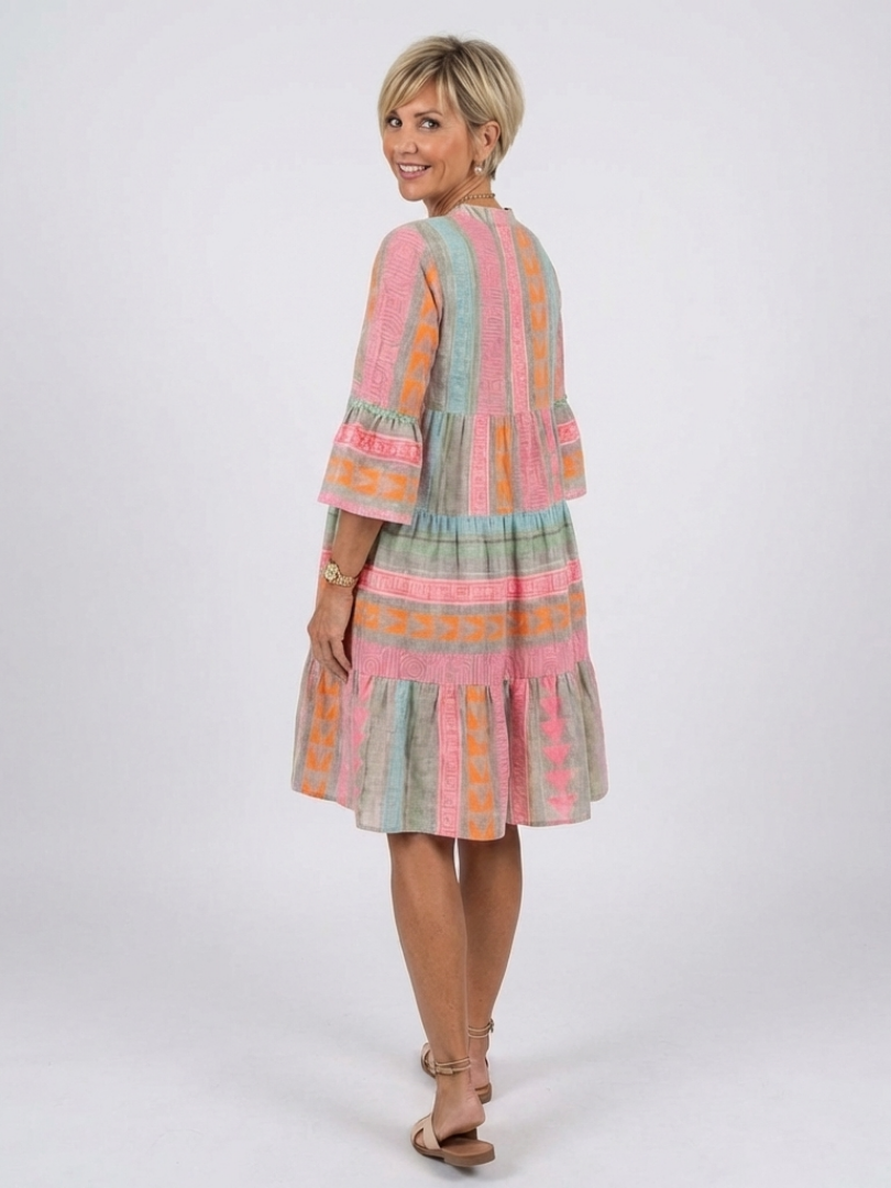 Larsia | Geometric Print V Neck Tiered Knee Length Dress