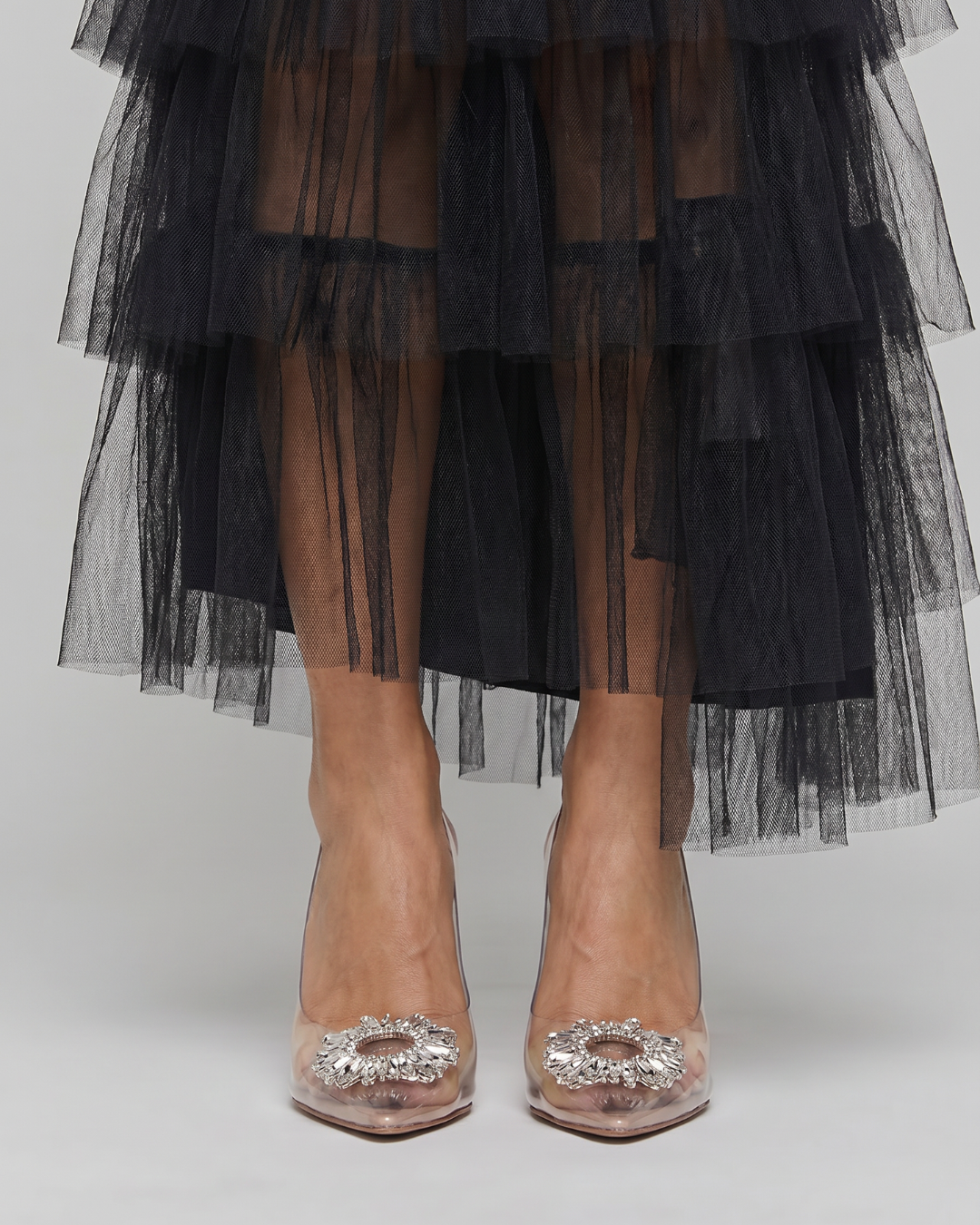 Laemae | Rhinestone Buckle Clear Panel Mule Heels