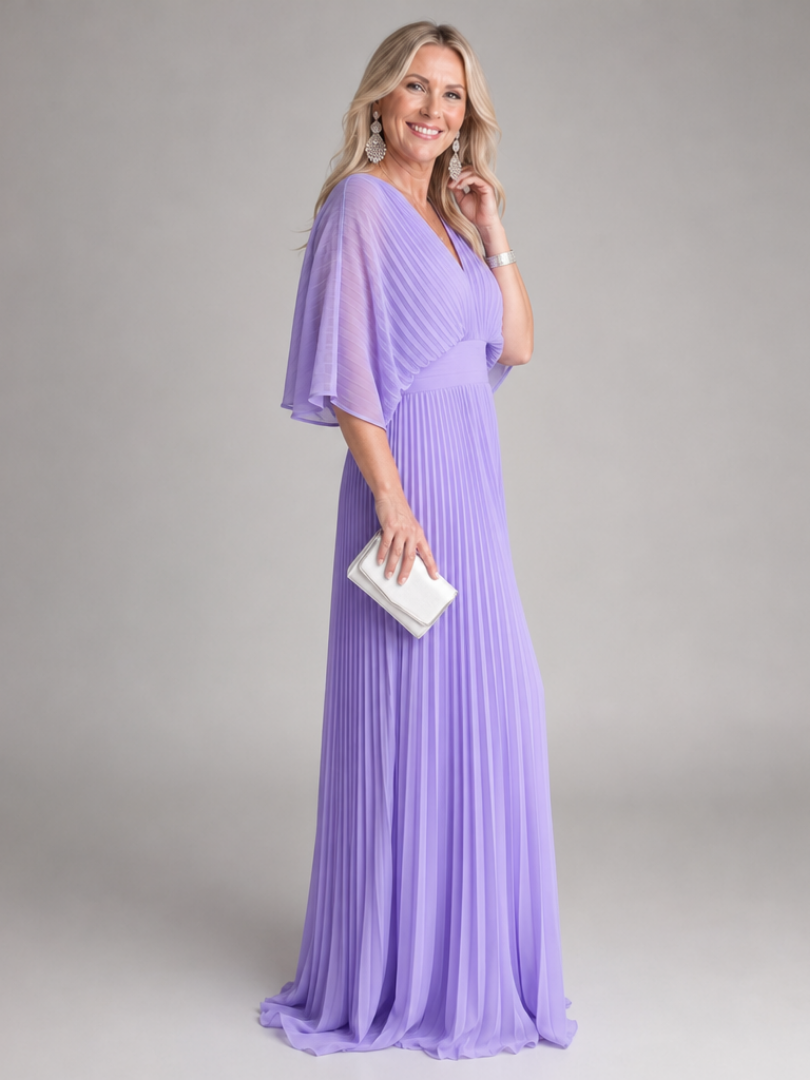Isawen | V Neck Long Sleeve Pleated Maxi Dress
