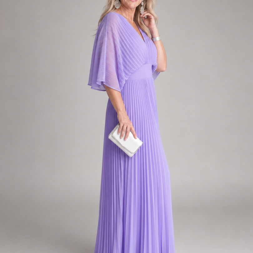 Isawen | V Neck Long Sleeve Pleated Maxi Dress