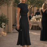 Corette | Short Sleeve Boat Neck Fitted Silhouette Midi Dress