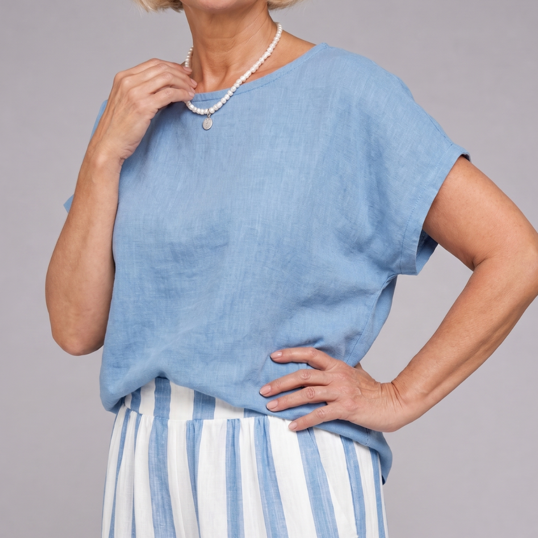 Magdara | Linen Blend Top And Striped Wide Leg Pants Set