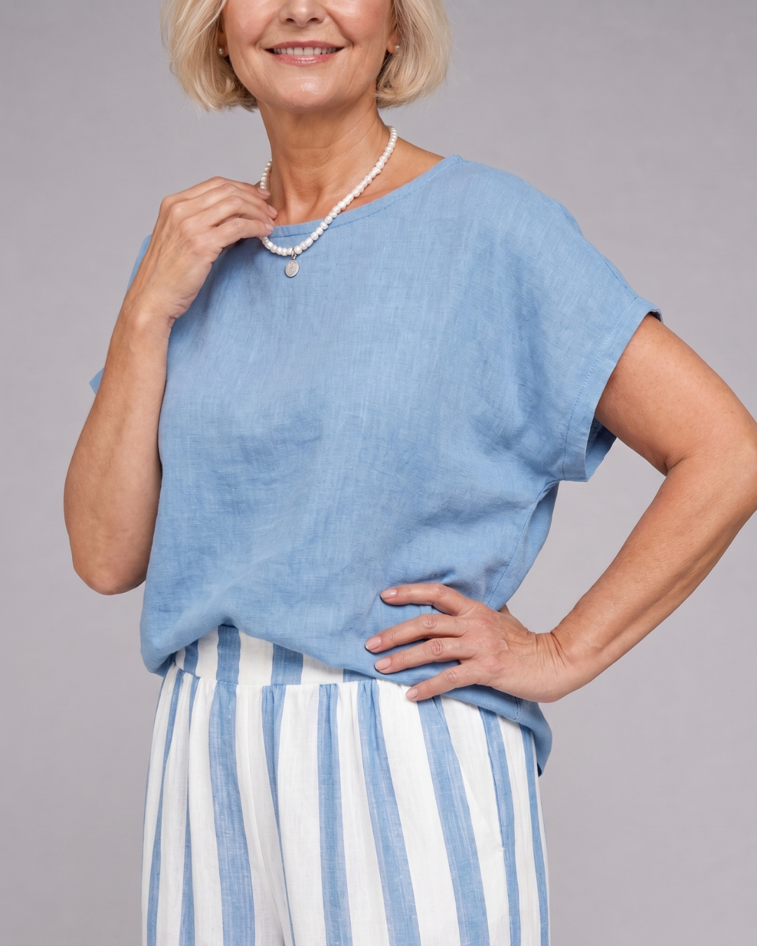 Magdara | Linen Blend Top And Striped Wide Leg Pants Set