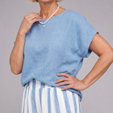 Magdara | Linen Blend Top And Striped Wide Leg Pants Set