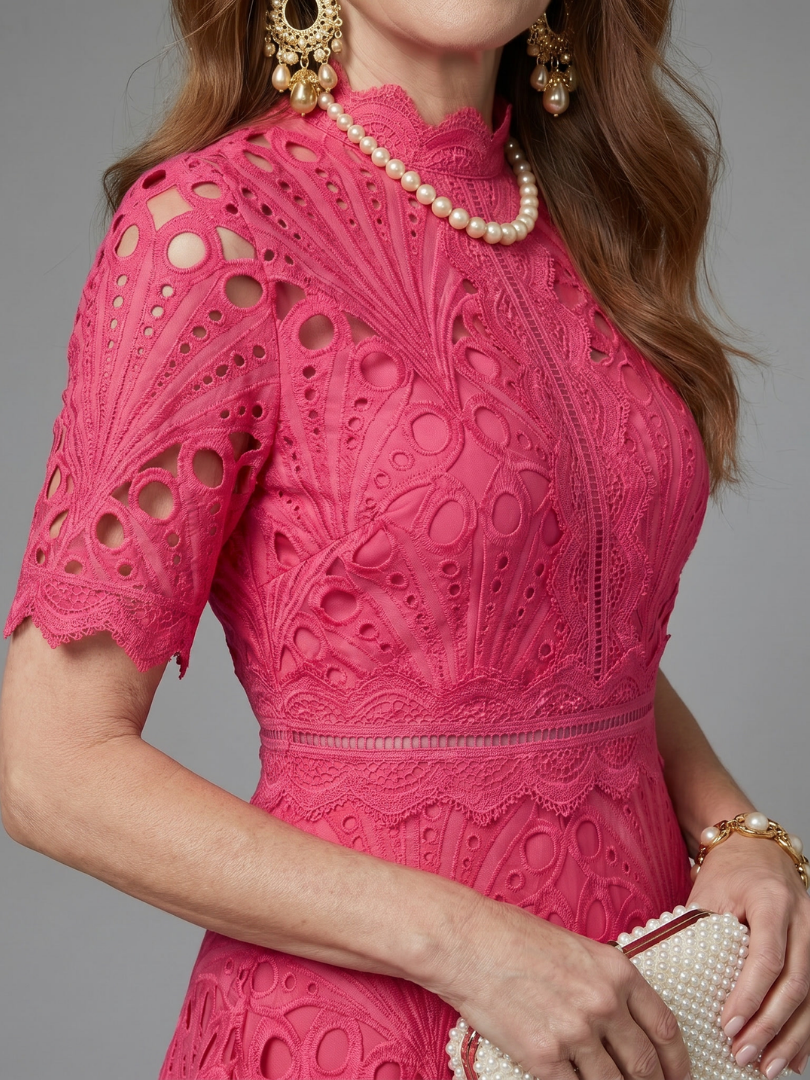 Dalvia | Short Sleeve Eyelet Lace Fitted Waist Midi Dress