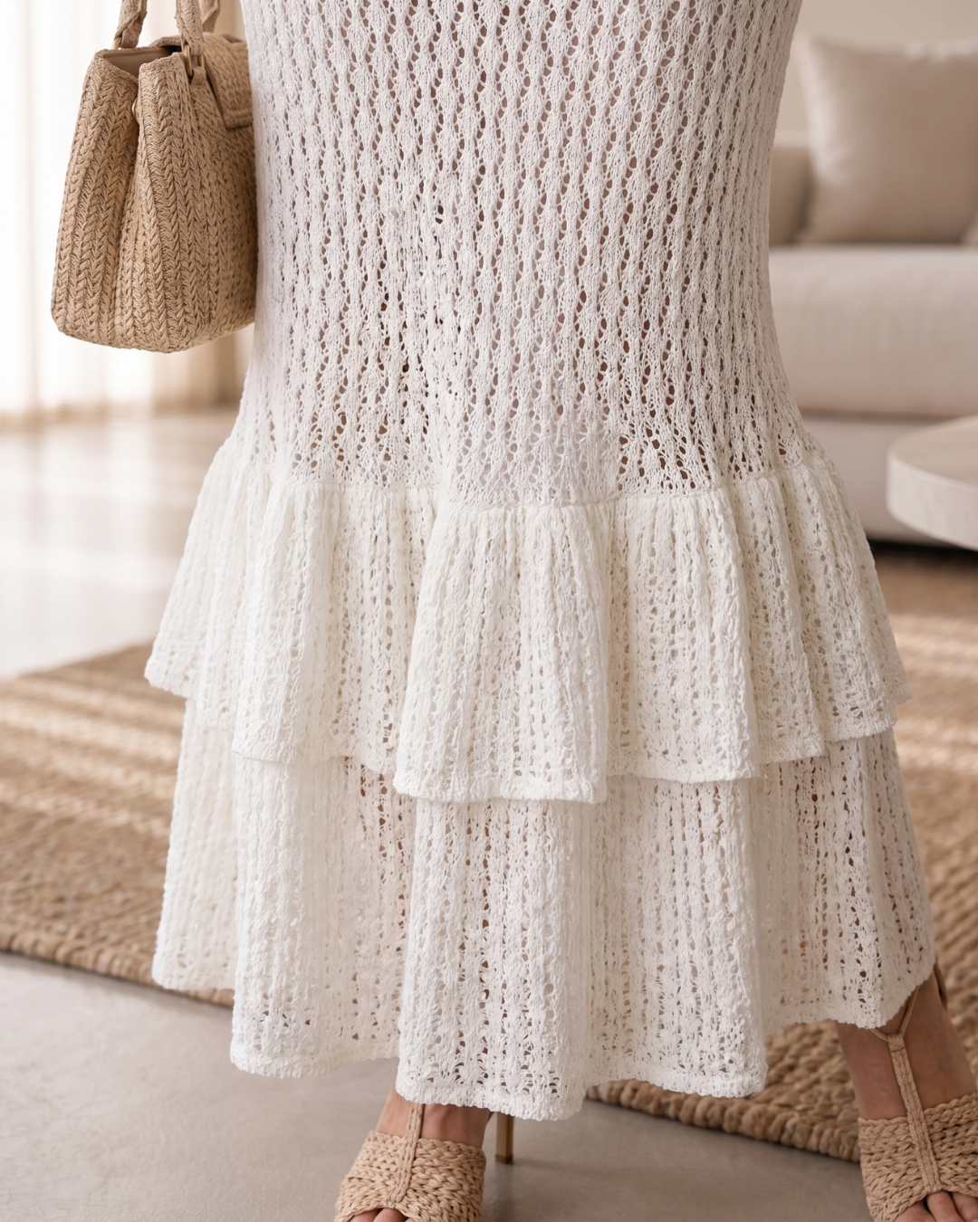 Merla | Open Knit Ruffle Hem Bodycon Midi Dress