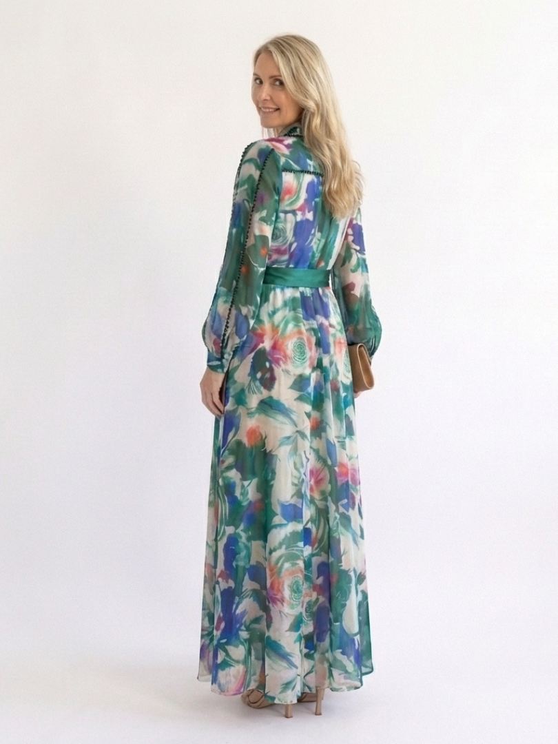 Camndra | Long Sleeve Printed Belted Maxi Dress