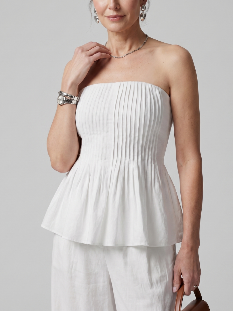 Romyina | Strapless Smocked Top And Wide Leg Pants Set