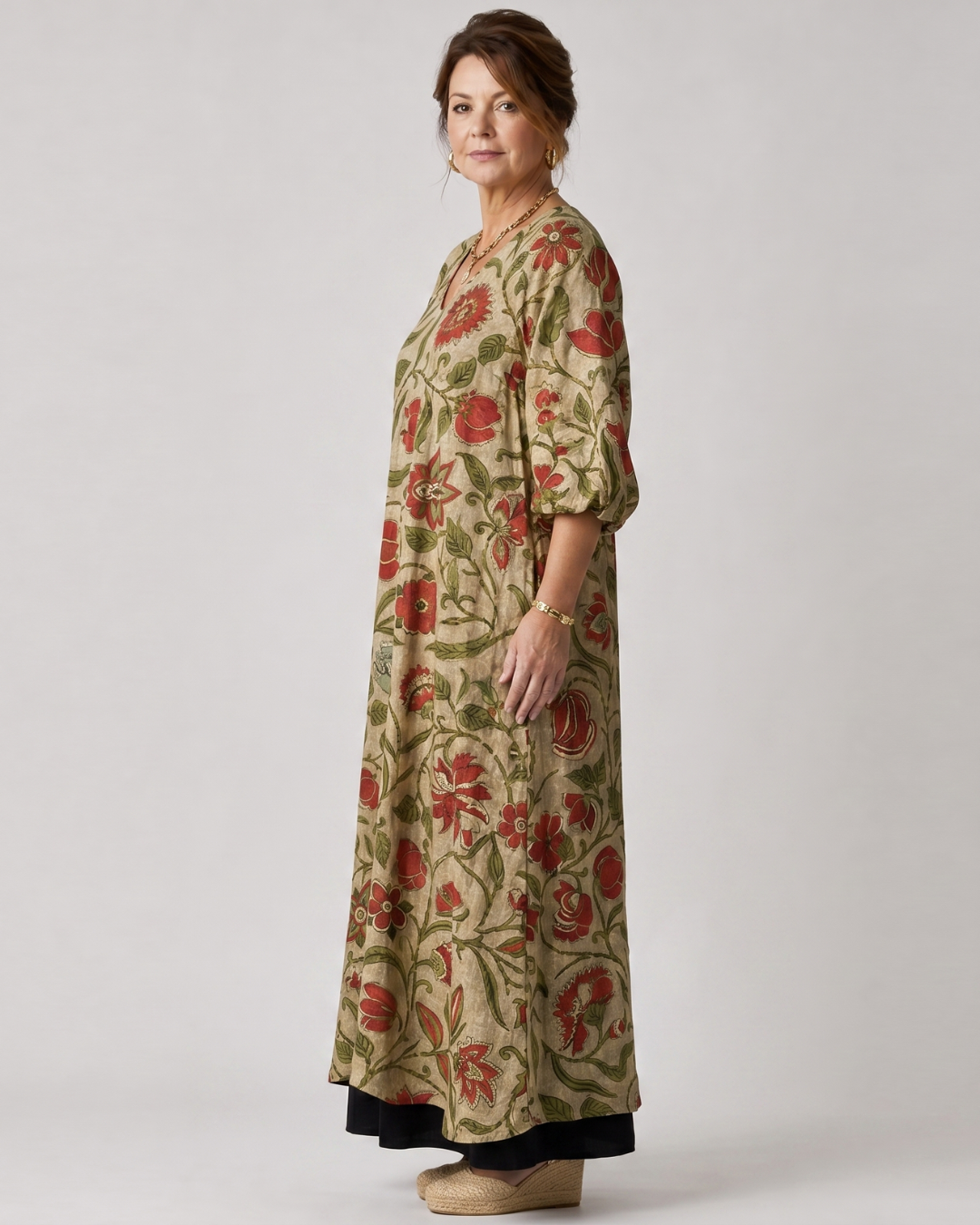 Lunwynne | Botanical Print Relaxed Three Quarter Sleeve Midi Dress