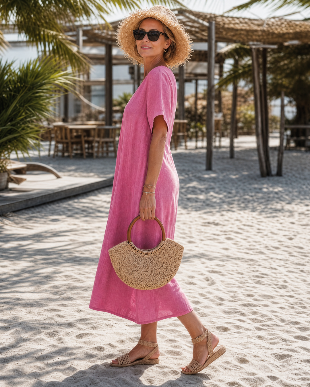 Faevia | Washed Cotton Blend V Neck Relaxed Midi Dress