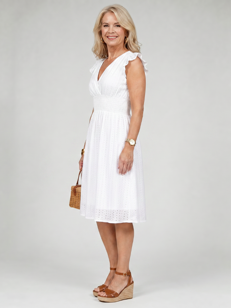 Celdra | Sleeveless Eyelet V Neck Midi Dress