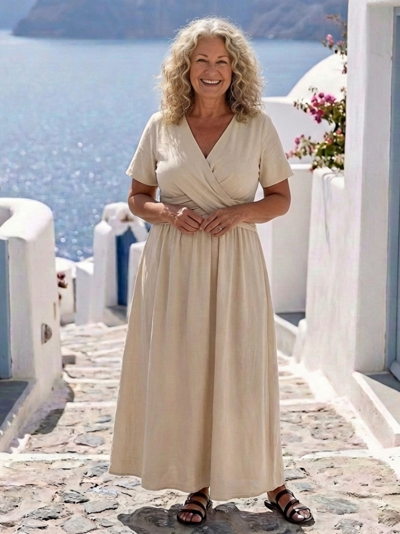 Frena | V Neck Short Sleeve Wrap Waist Midi Dress