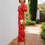 Hilasia | Abstract Print Puff Sleeve Ruched Midi Dress
