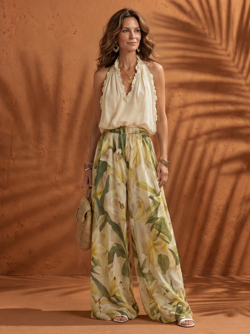 Mirandra | Halter Neck Blouse Floral Wide Leg Set