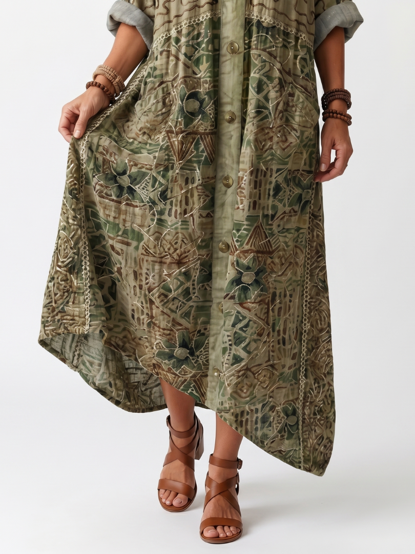 Wrennavia | Button Front Embroidered Oversized Pocket Midi Dress