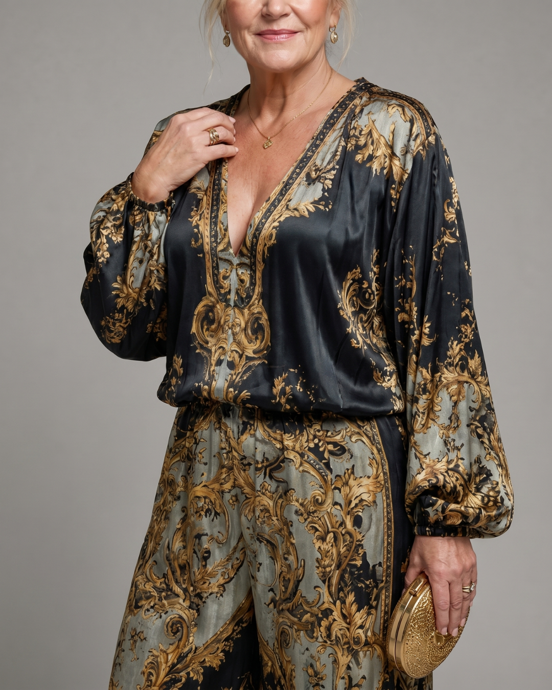 Zarney | Baroque Print Blouse And Wide Leg Pants Set