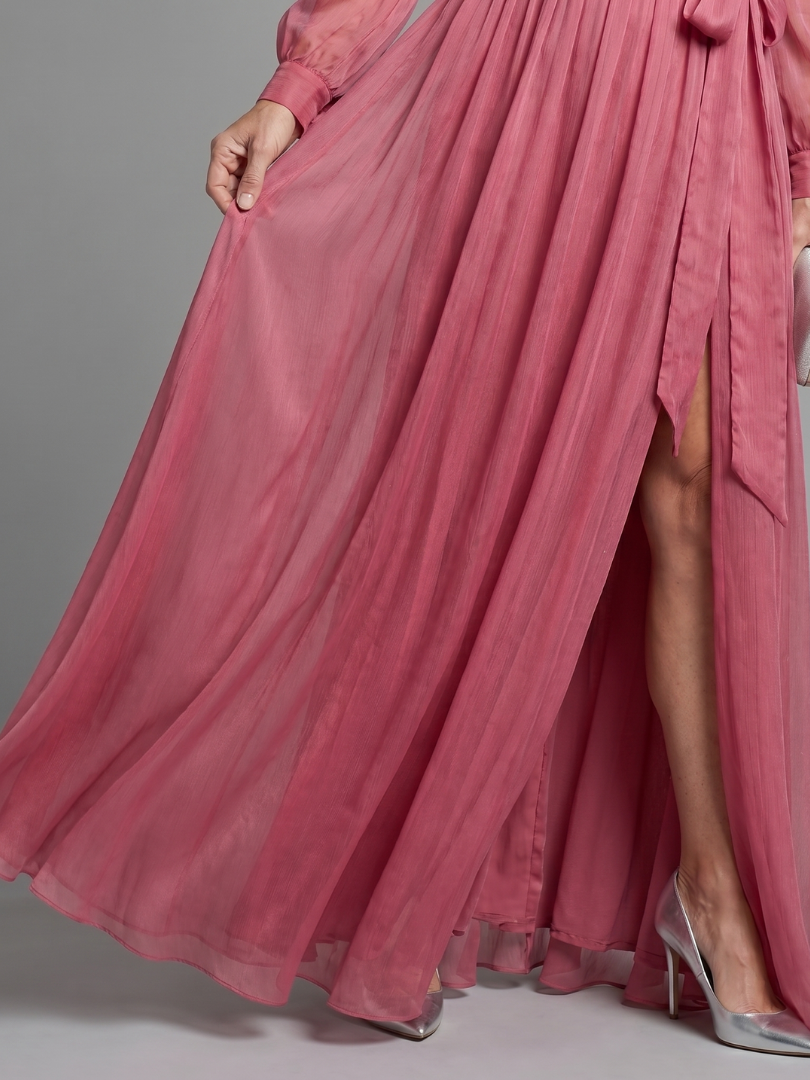 Vallyn | Long Sleeve Wrap Sheer Flowing Maxi Dress