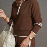 Della | Zip Neck Long Sleeve Side Stripe Leg Pants Set