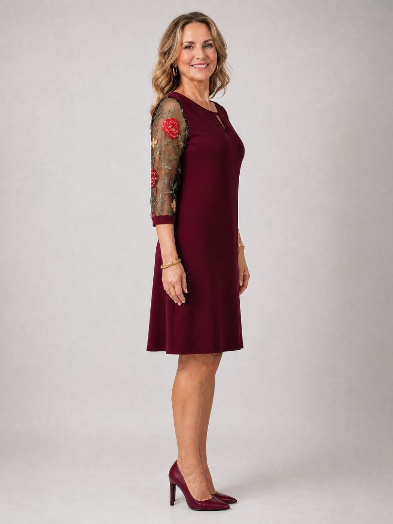 Casvia | Embroidered Mesh Sleeve Mini Dress
