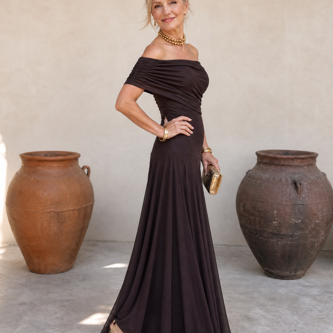 Clawynne | Off Shoulder Draped Bodice Flowing Maxi Dress