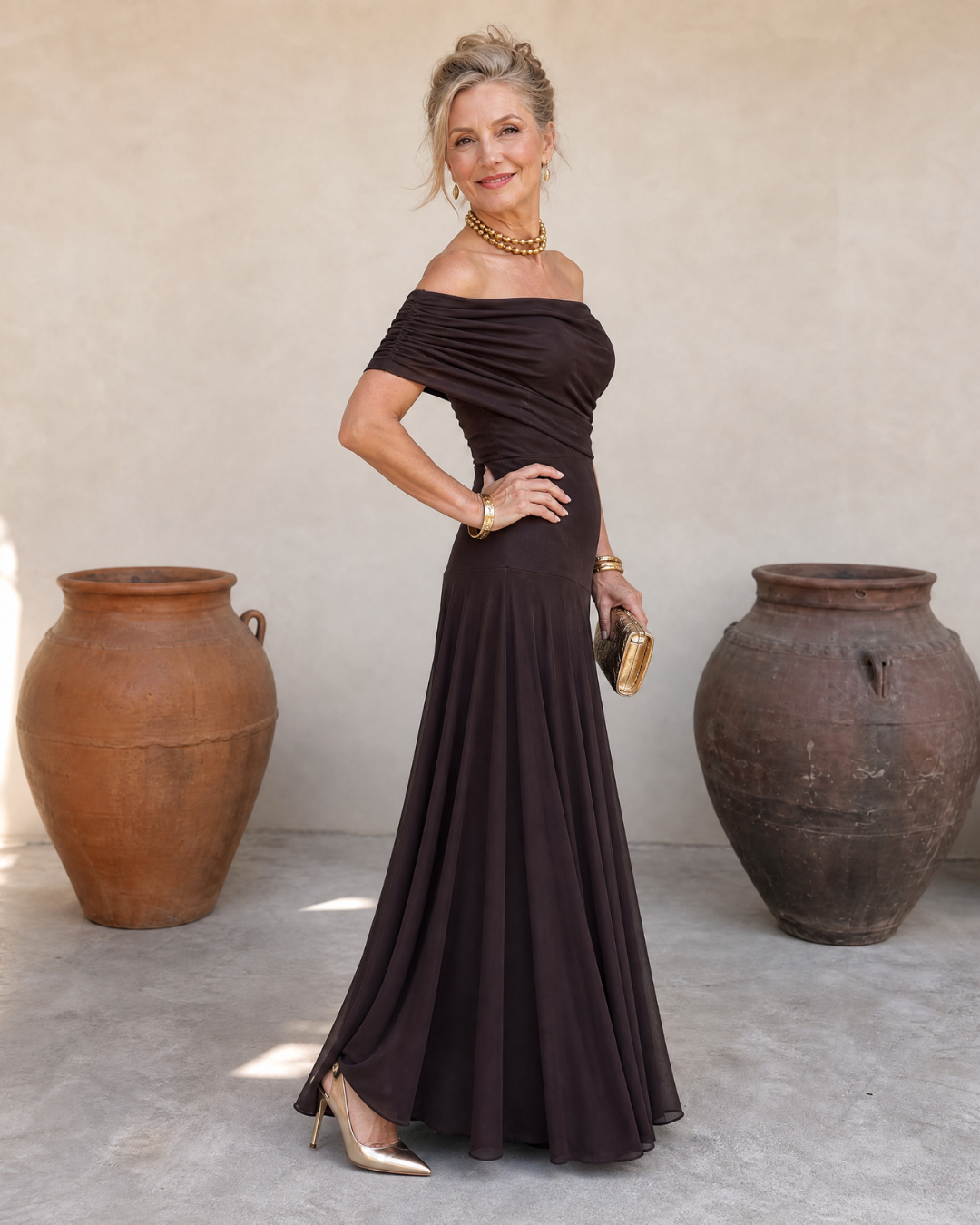 Clawynne | Off Shoulder Draped Bodice Flowing Maxi Dress