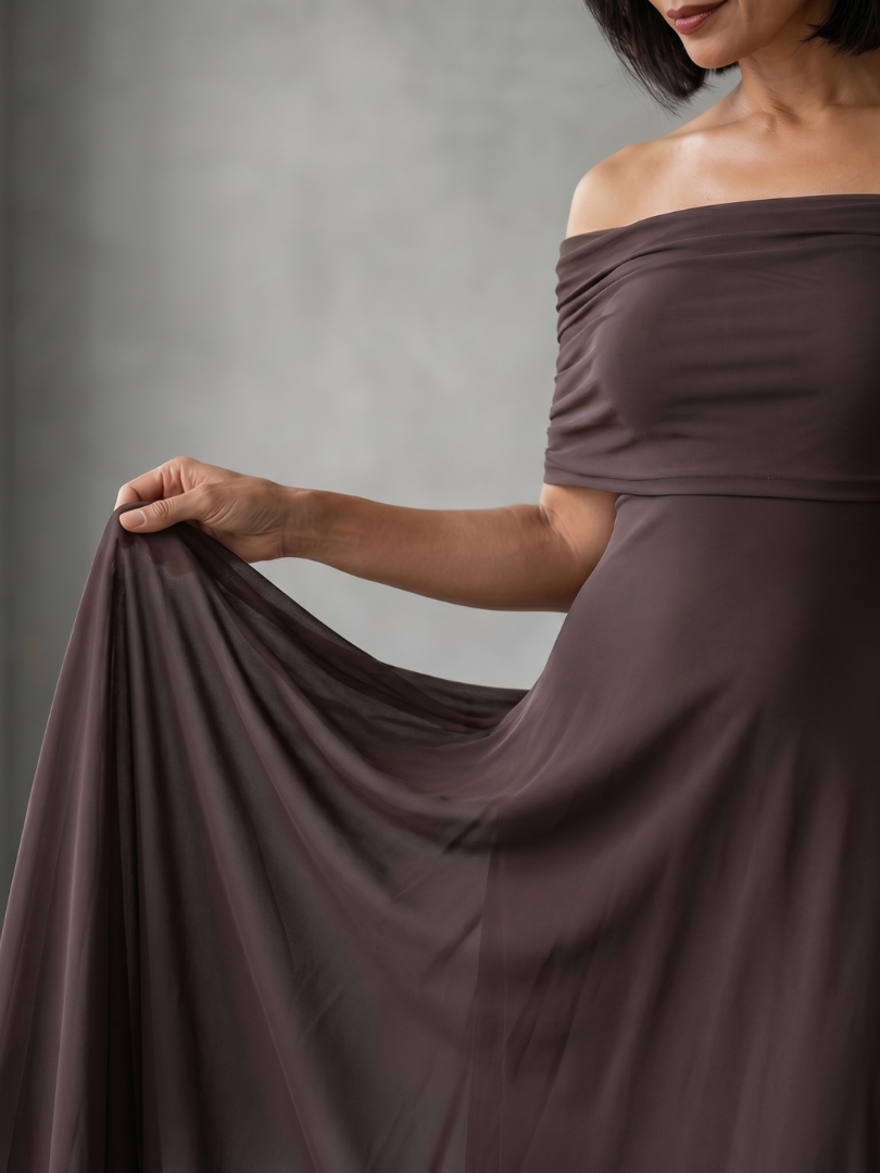 Vidabeth | Off Shoulder Draped Midi Dress