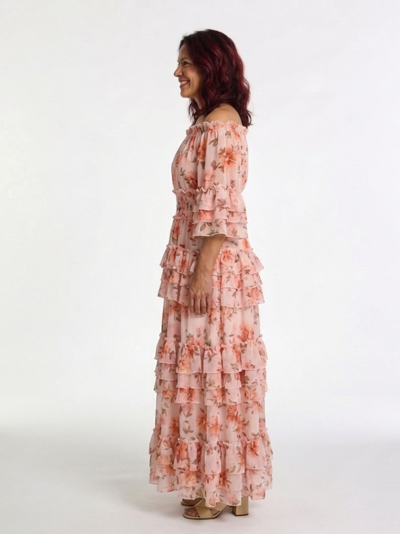 Kalsette | Off Shoulder Floral Ruffle Tiered Maxi Dress