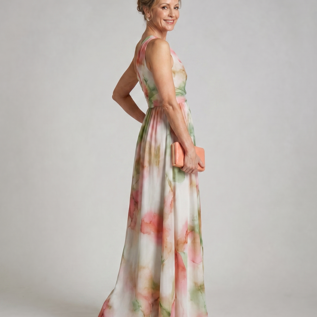 Linnla | Watercolor One Shoulder Flowing Maxi Dress
