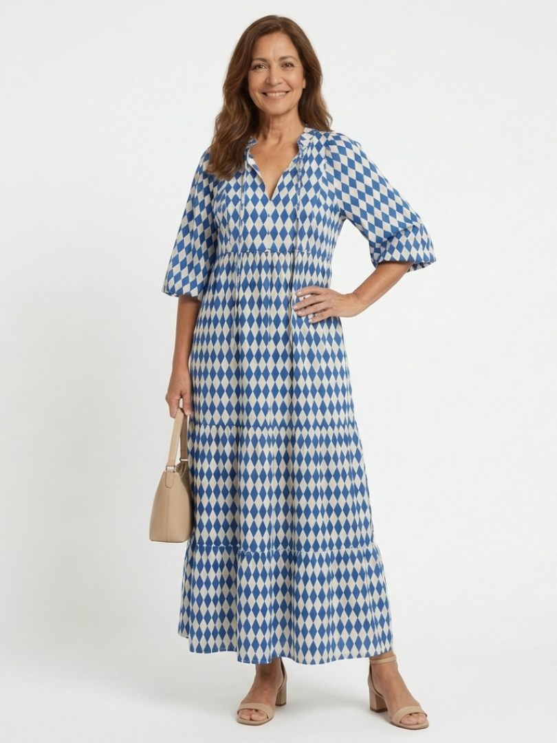 Deldra | Diamond Print Tiered Midi Dress