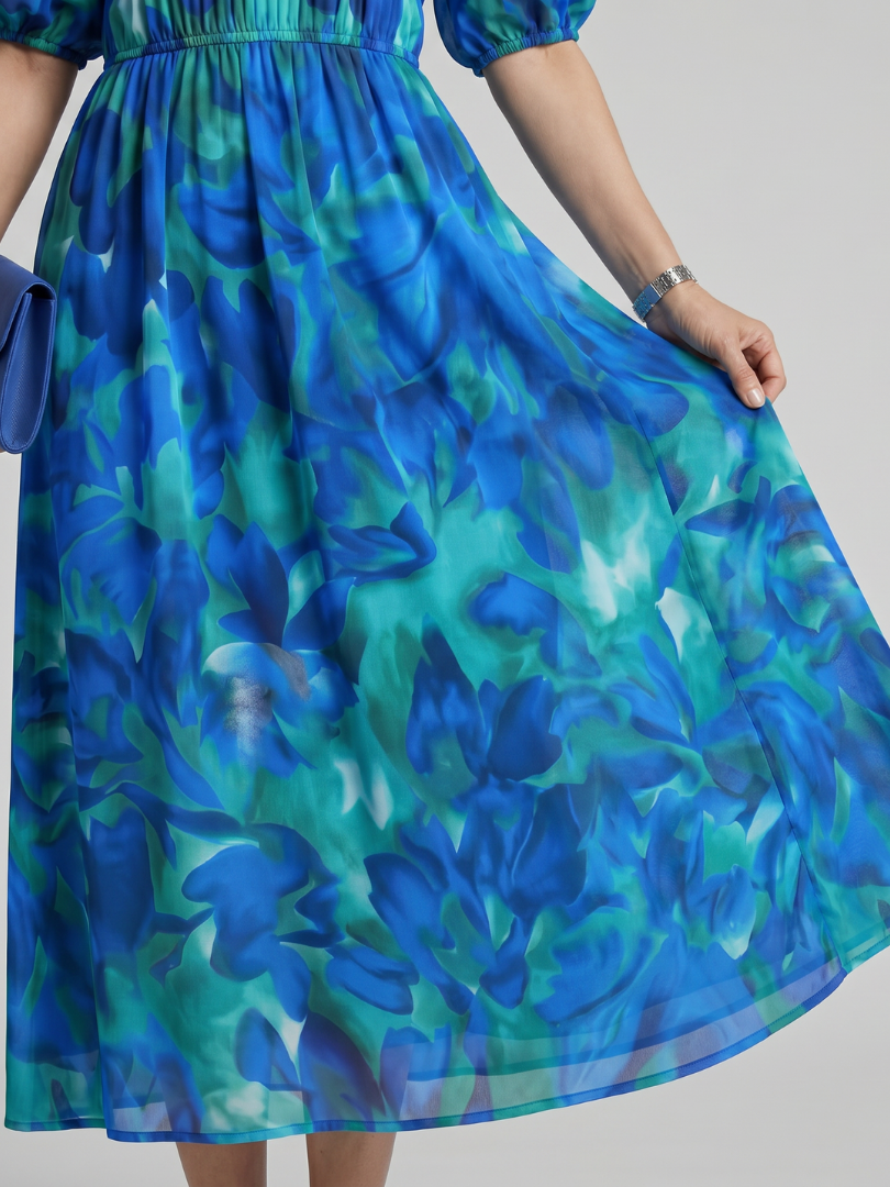 Larette | Puff Sleeve V Neck Abstract Print Midi Dress