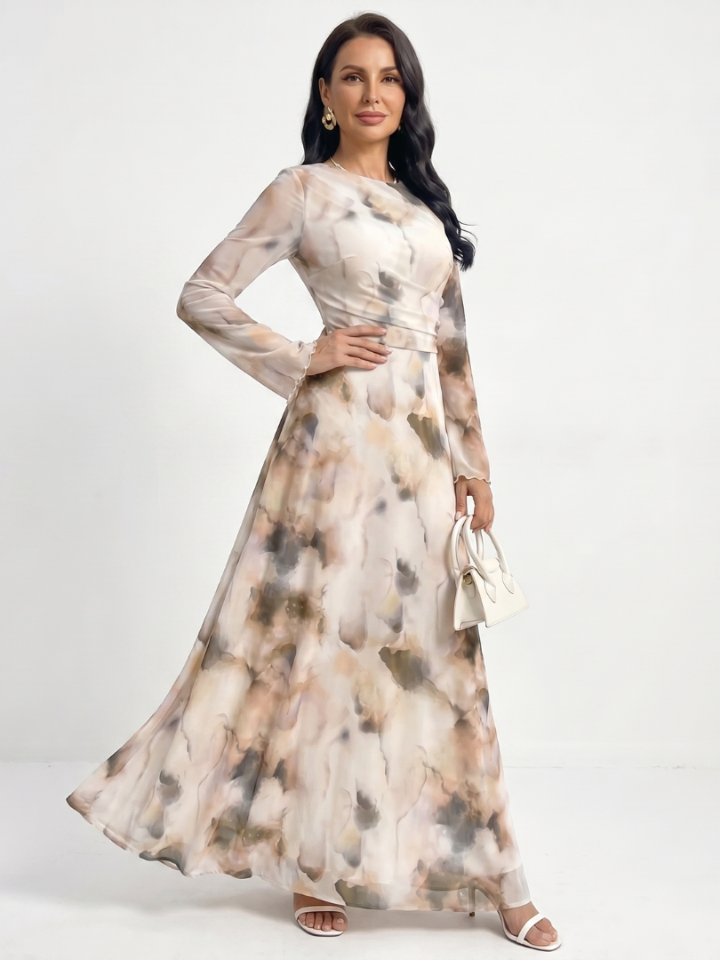 Kaldra | Long Sleeve Abstract Print Waist Maxi Dress