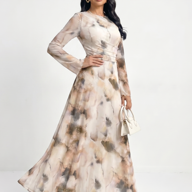 Kaldra | Long Sleeve Abstract Print Waist Maxi Dress