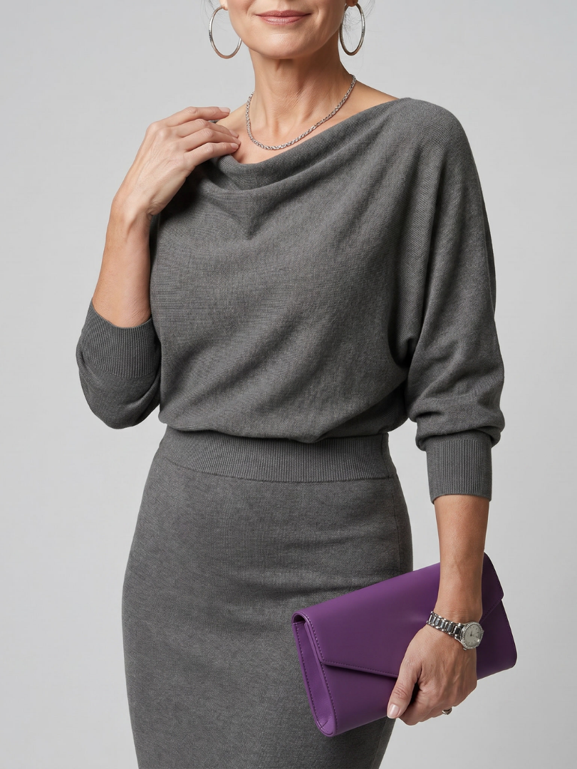 Saffwynne | Draped Neckline Fitted Skirt Midi Dress