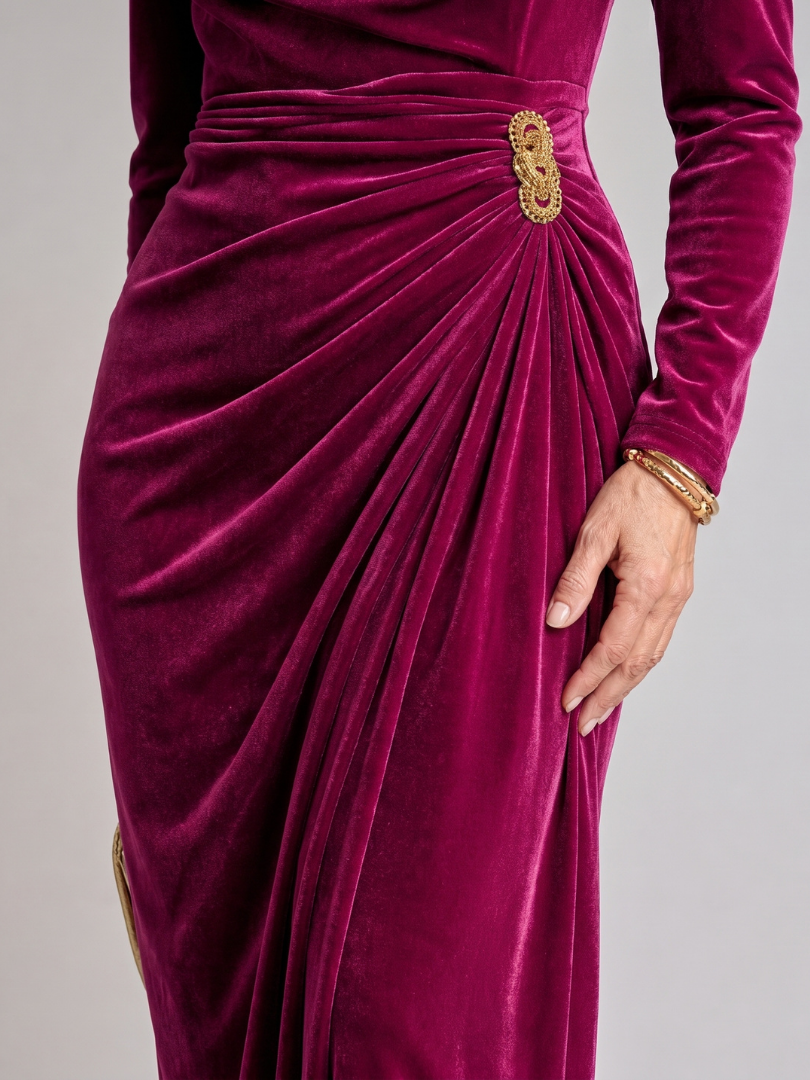 Zarrose | Draped Cowl Neck Satin Midi Dress