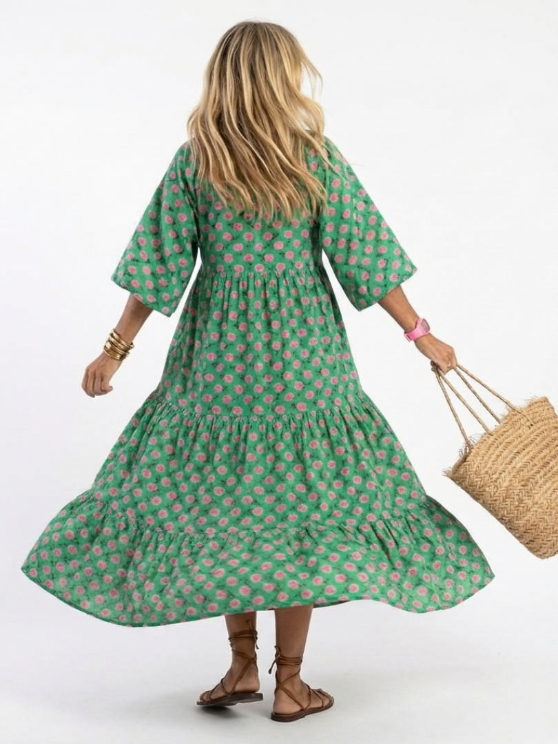 Tovada | Floral Print V Neck Tiered Midi Dress