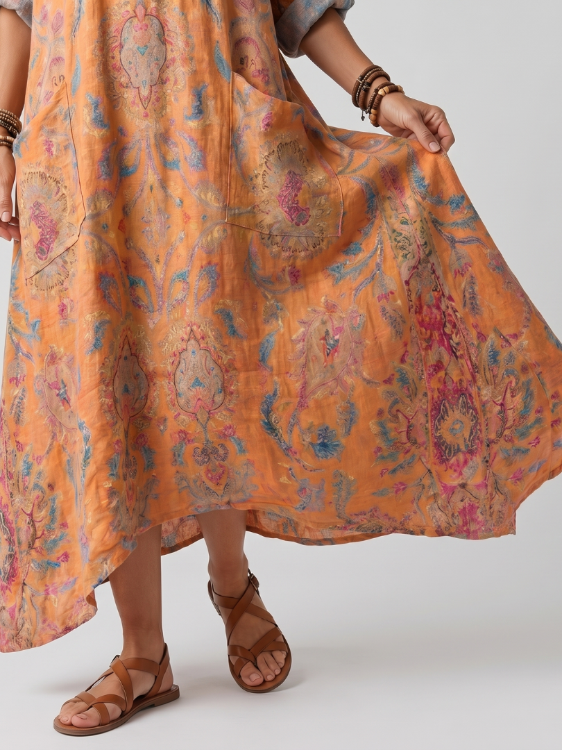 Serna | Notch Neck Printed Oversized Pocket Midi Dress