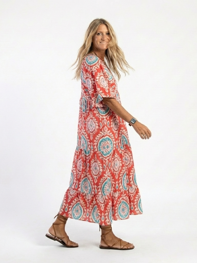 Lilasette | Paisley Print V Neck Short Sleeve Midi Dress