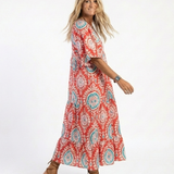 Lilasette | Paisley Print V Neck Short Sleeve Midi Dress