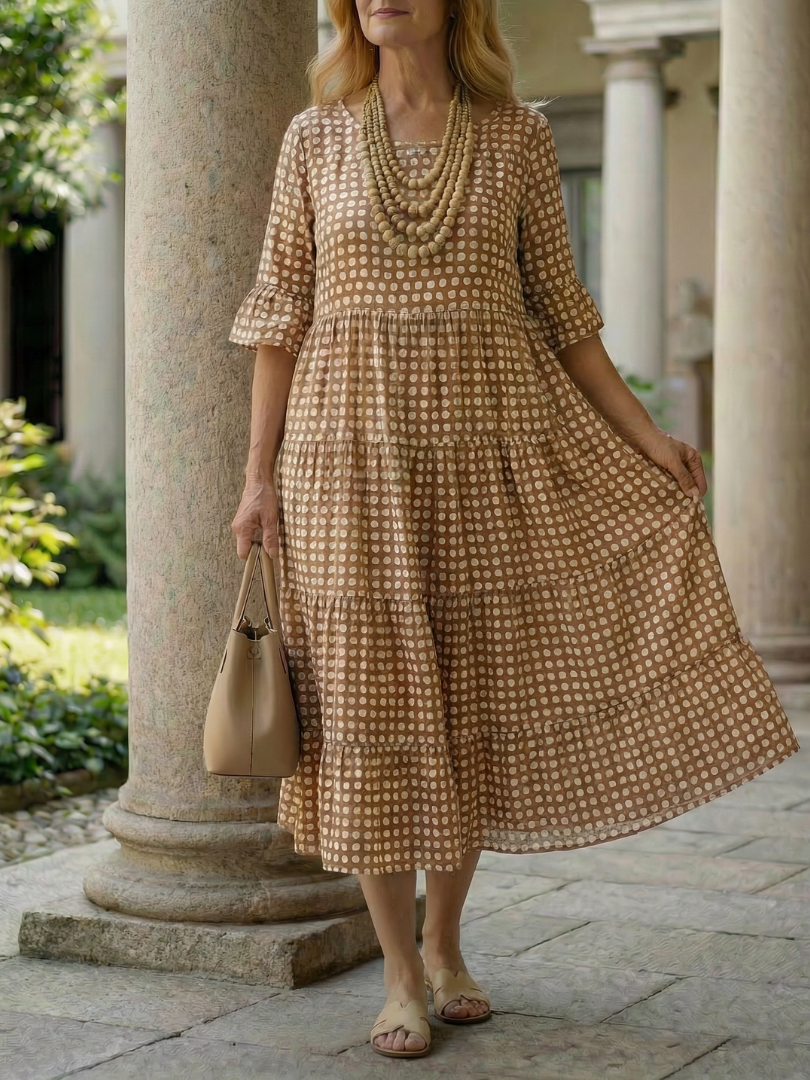 Thalwynne | Polka Dot Tiered Midi Dress Short Sleeve